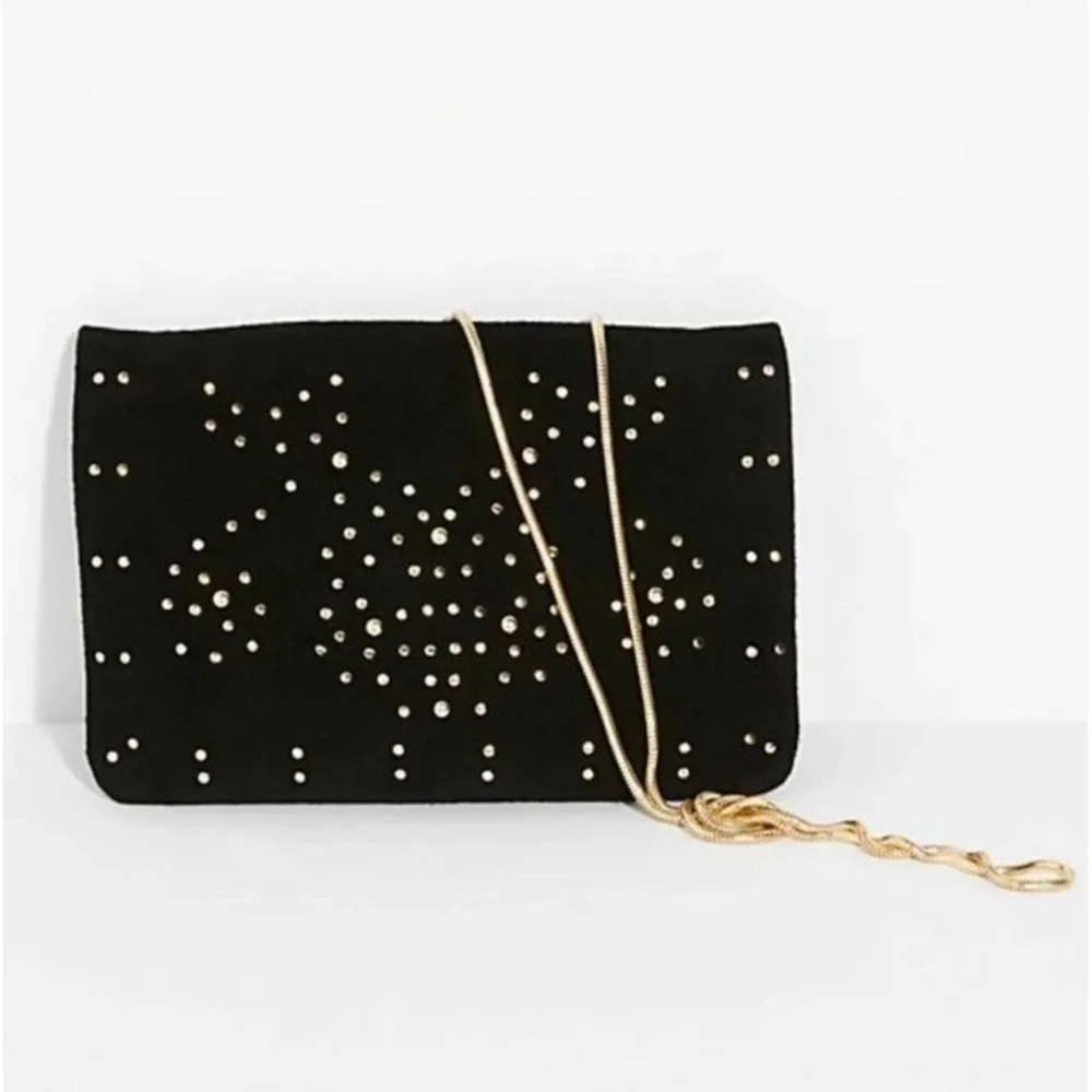 Free People Kingston Crossbody‎ Bag Black Suede Gold Studded Clutch Boho Glam